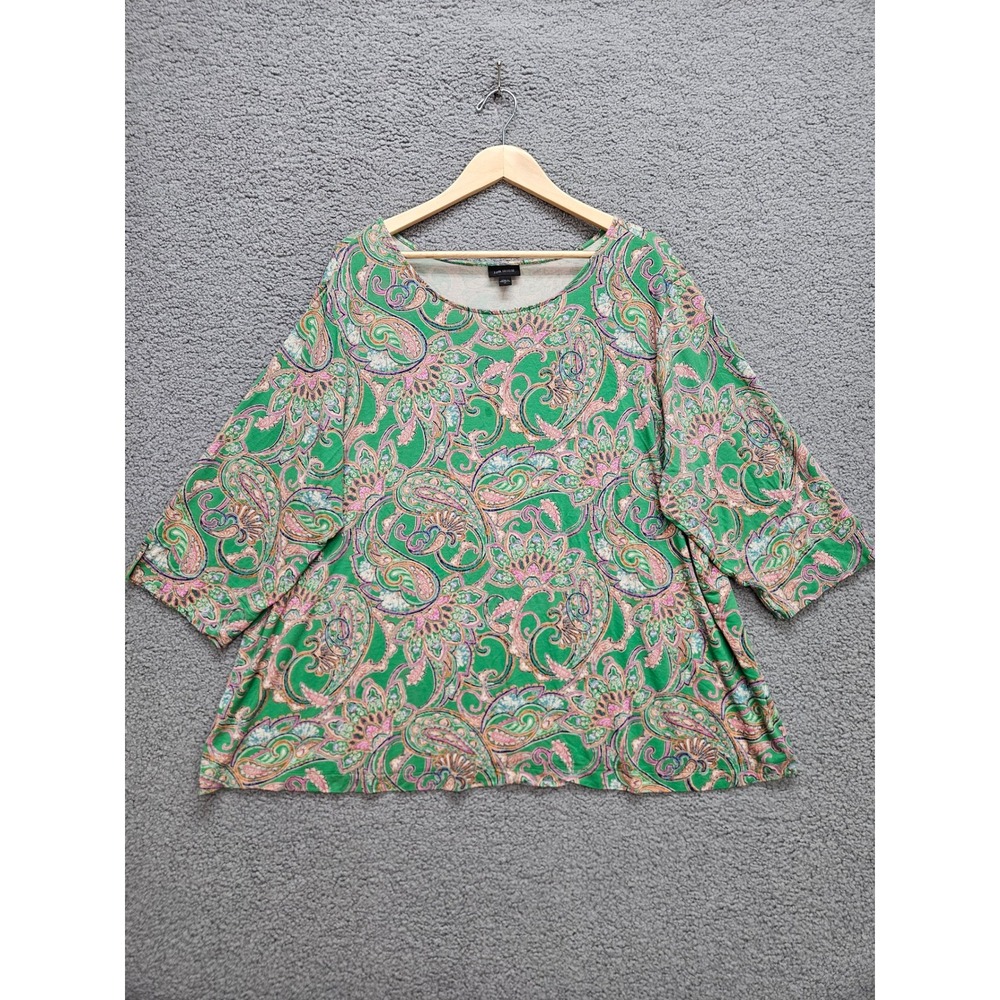 J. Jill Wearever Tunic Top 3X Green Paisley Boho 3/4 Sleeve Scoop Neck Stretch